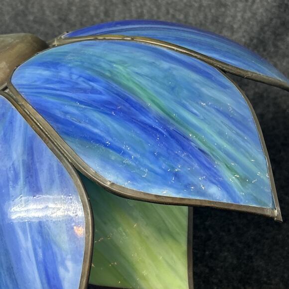 Vintage 1970s Stained Glass Chandelier Two Tier Slag Glass Hanging Lotus Flower - Picture 9 of 16